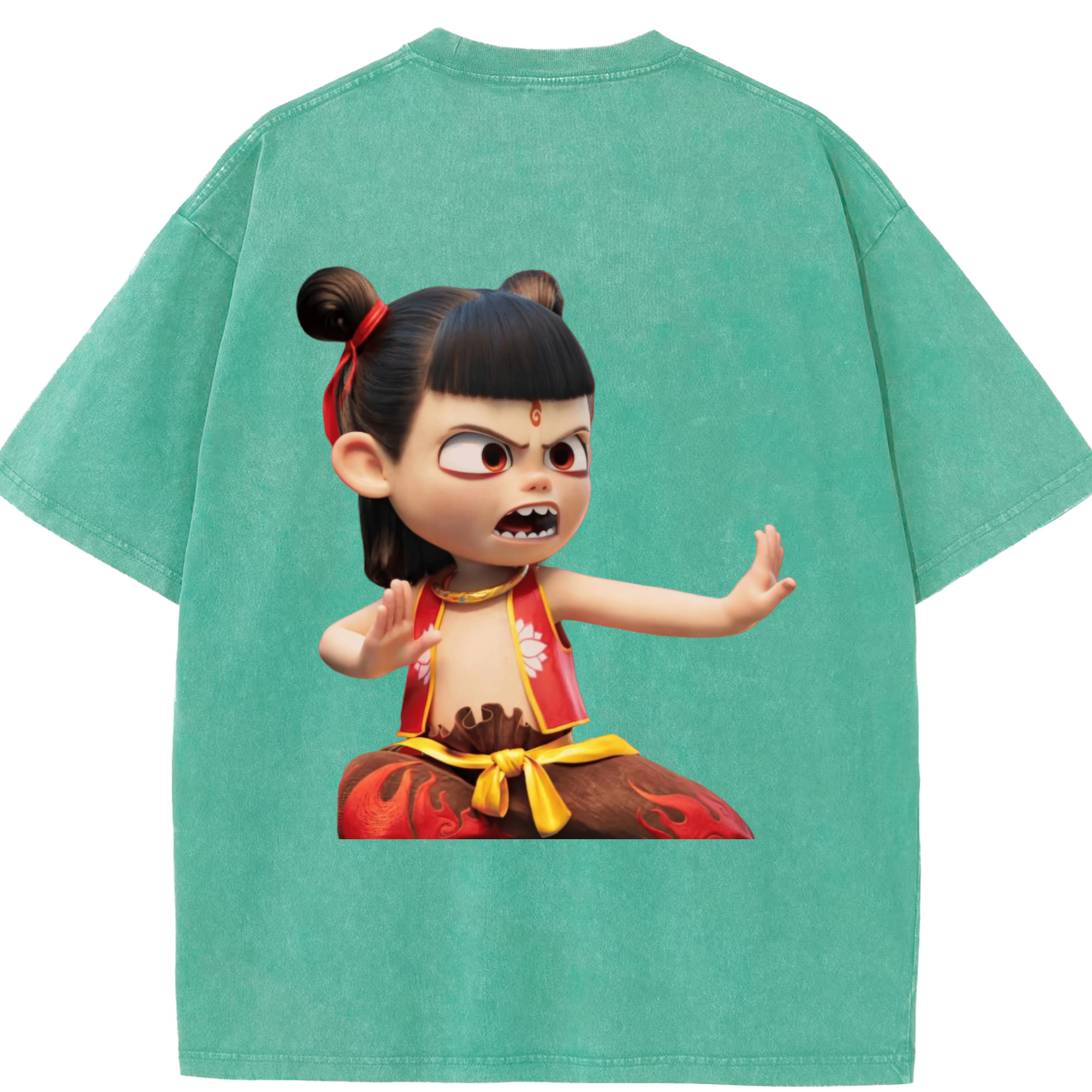 （画像用） Ne Zha 2 ナタ 魔童の大暴れ 綿100% ヴィンテージ風 半袖Tシャツ（背面プリント）